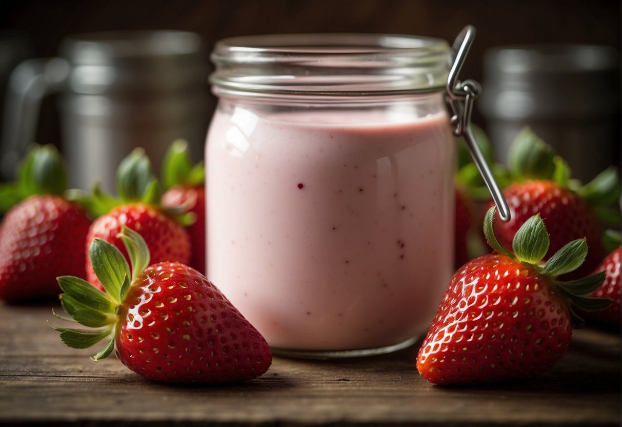 Homemade strawberry yogurt in a glass jar on a shelf, surrounded by fresh strawberries