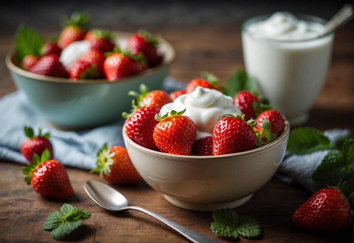 Strawberries and yogurt in a mixing bowl