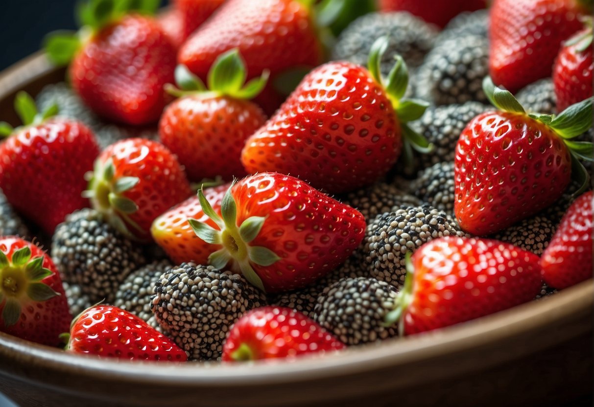 A bowl of ripe strawberries and chia seeds mixed together, showcasing the vibrant colors and textures of the ingredients