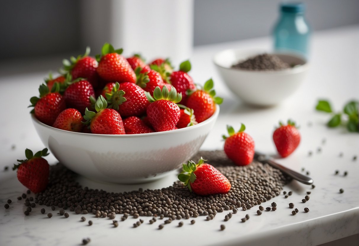 A bowl of fresh strawberries and a pile of chia seeds sit on a clean, white countertop, ready to be mixed together