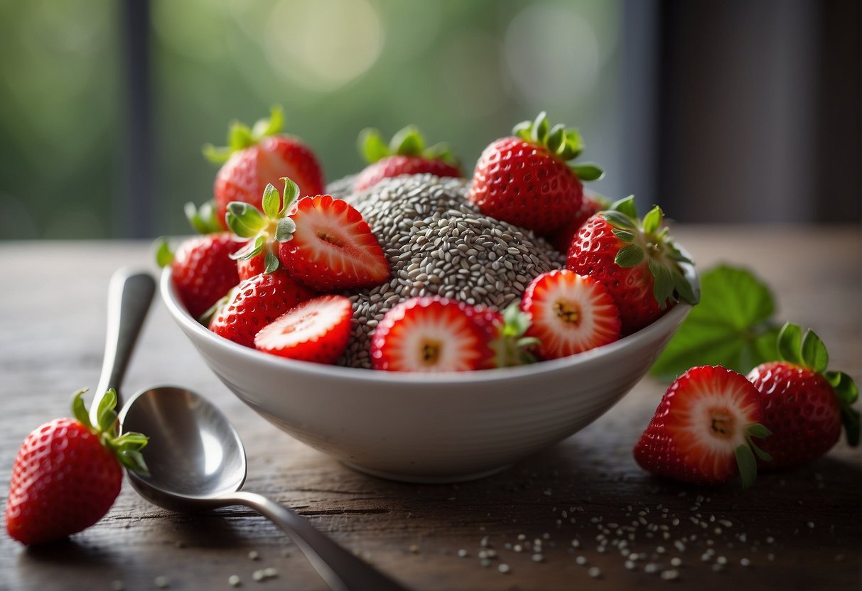 Strawberries and chia seeds mixed in a bowl, with a spoon nearby
