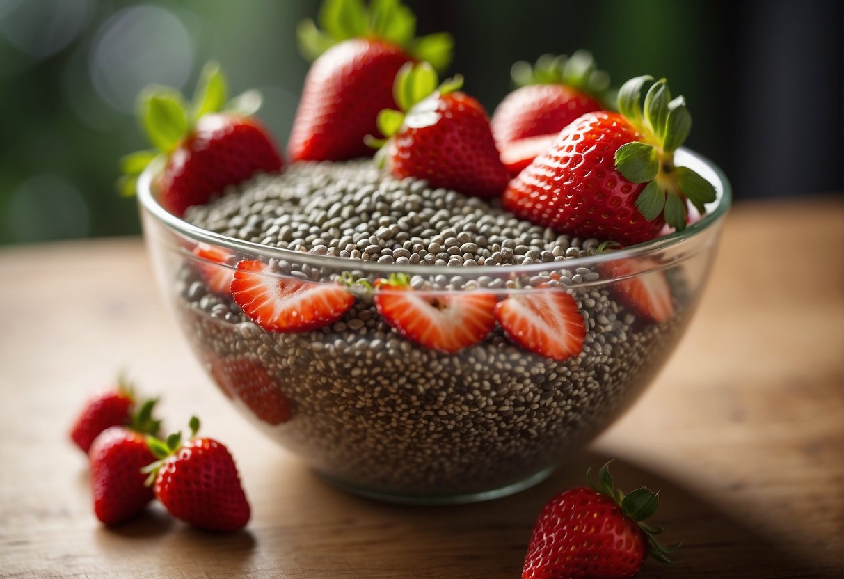 A bowl of strawberries and chia seeds mixed together