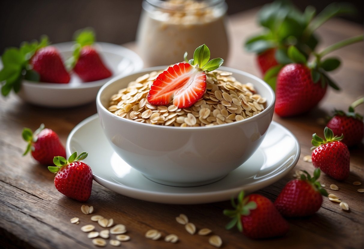 A bowl of oats topped with fresh strawberries, creating a colorful and nutritious breakfast option