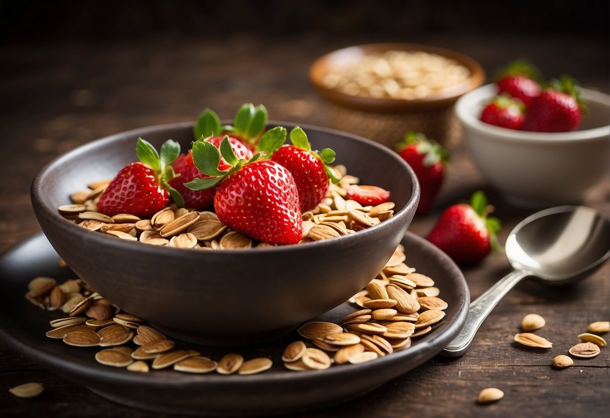A bowl of oats with sliced strawberries, nuts, and honey. A spoon rests on the side