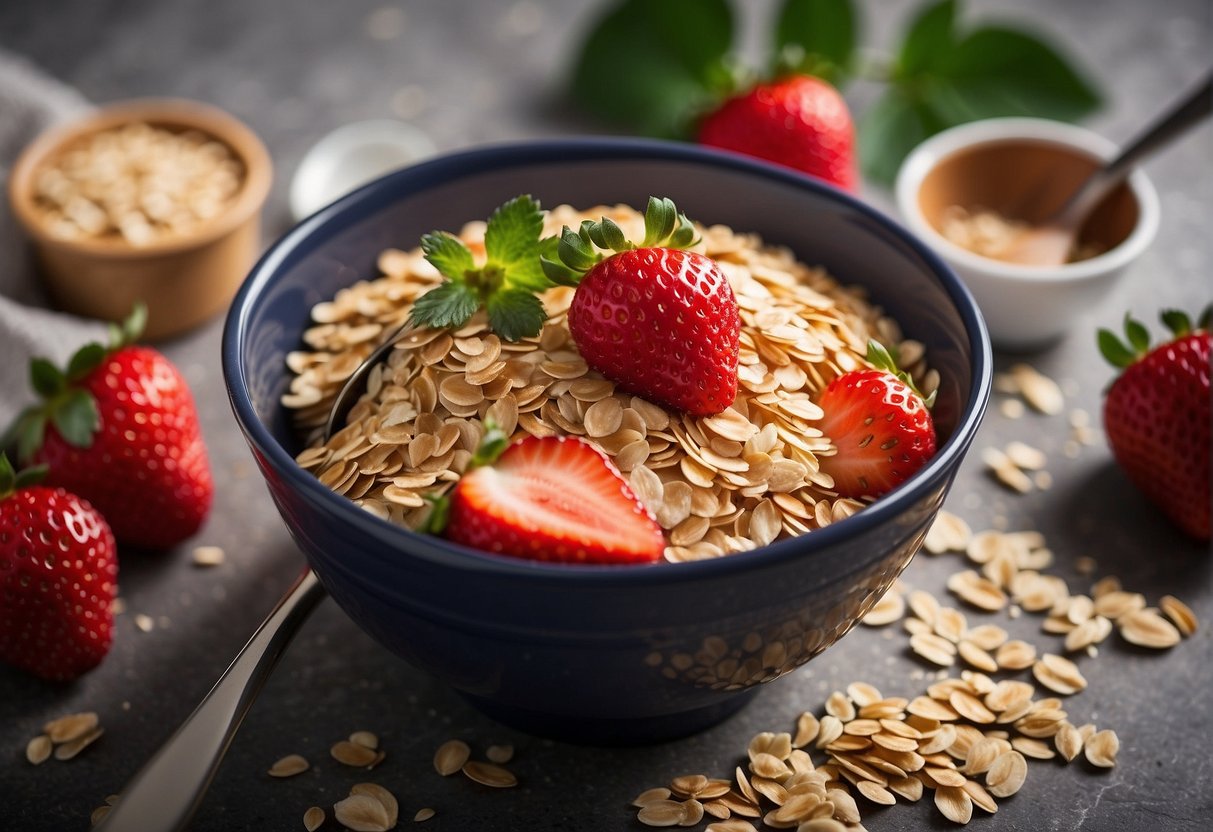 A bowl of oats and strawberries being mixed together, with a spoon nearby and a container for storing the oatmeal