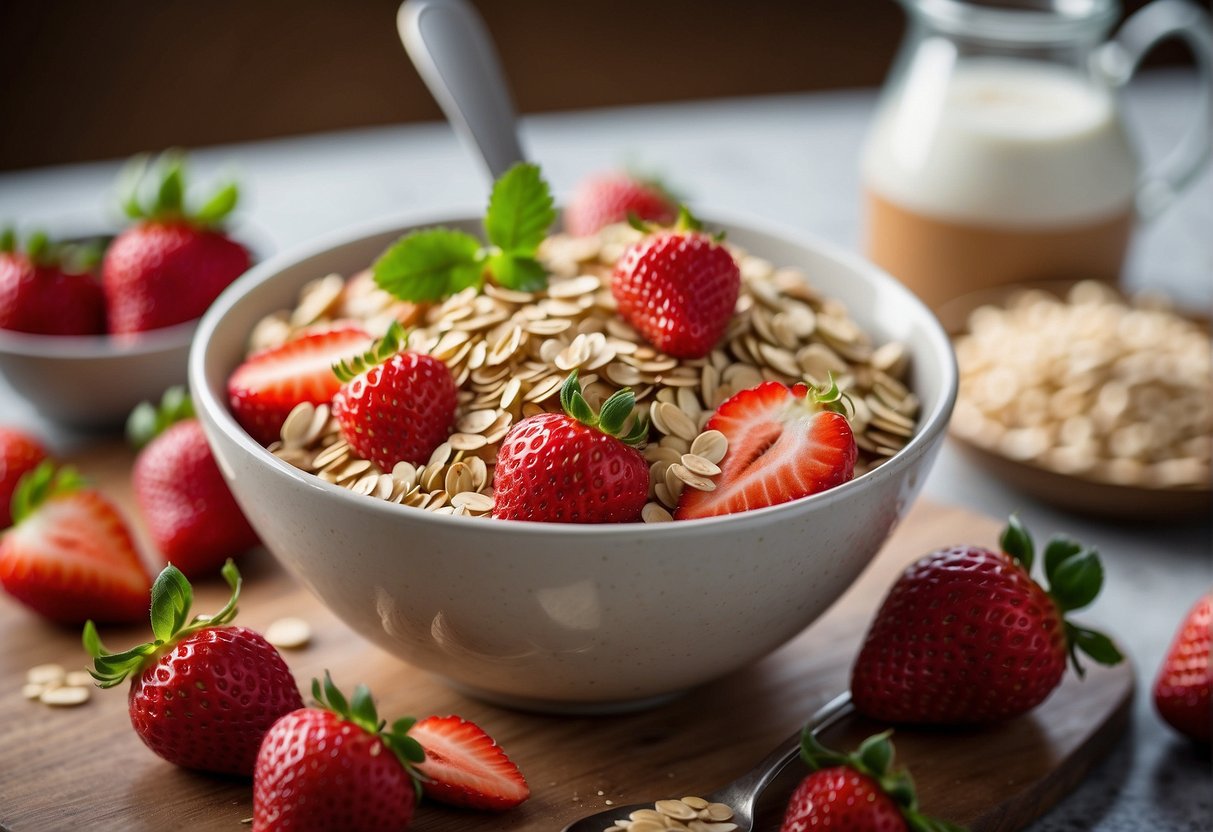 Strawberries and oats mixed in a bowl, with a spoon nearby
