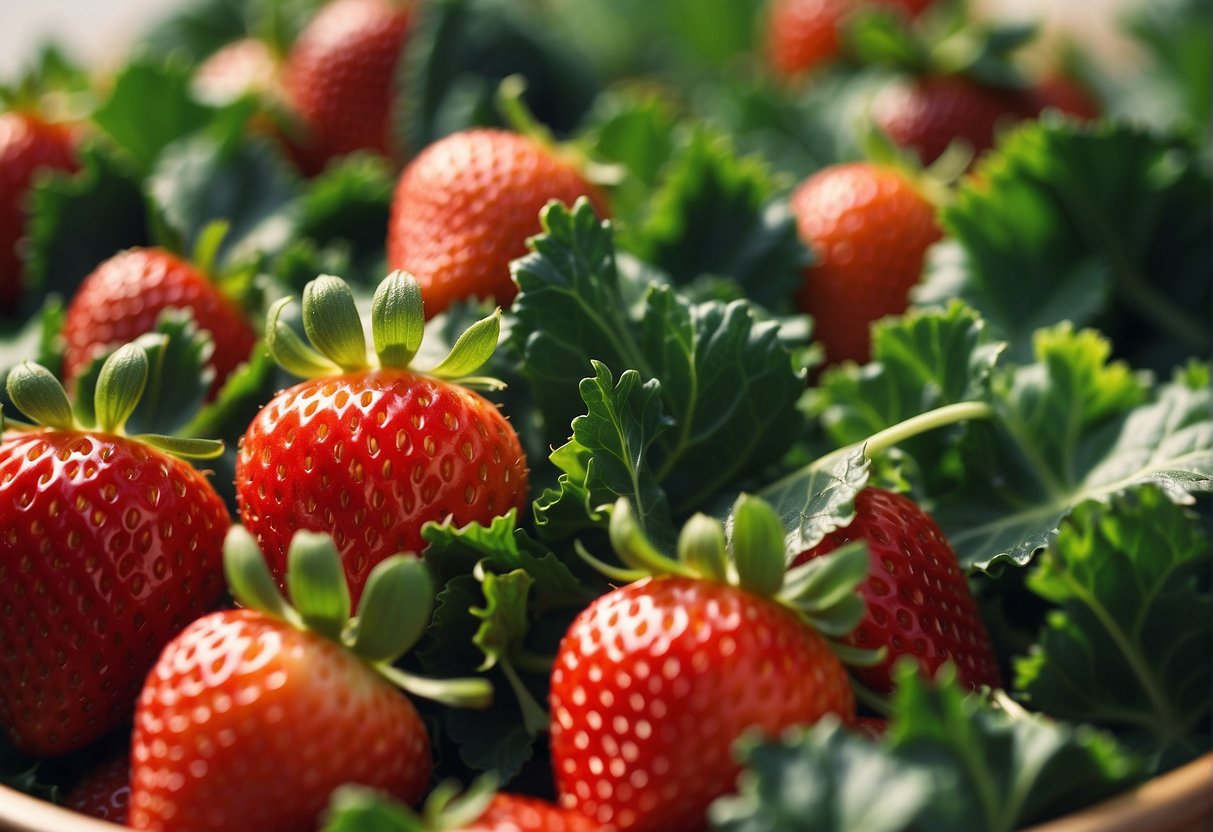 Strawberries and kale blend together in a vibrant, colorful swirl, showcasing their health benefits