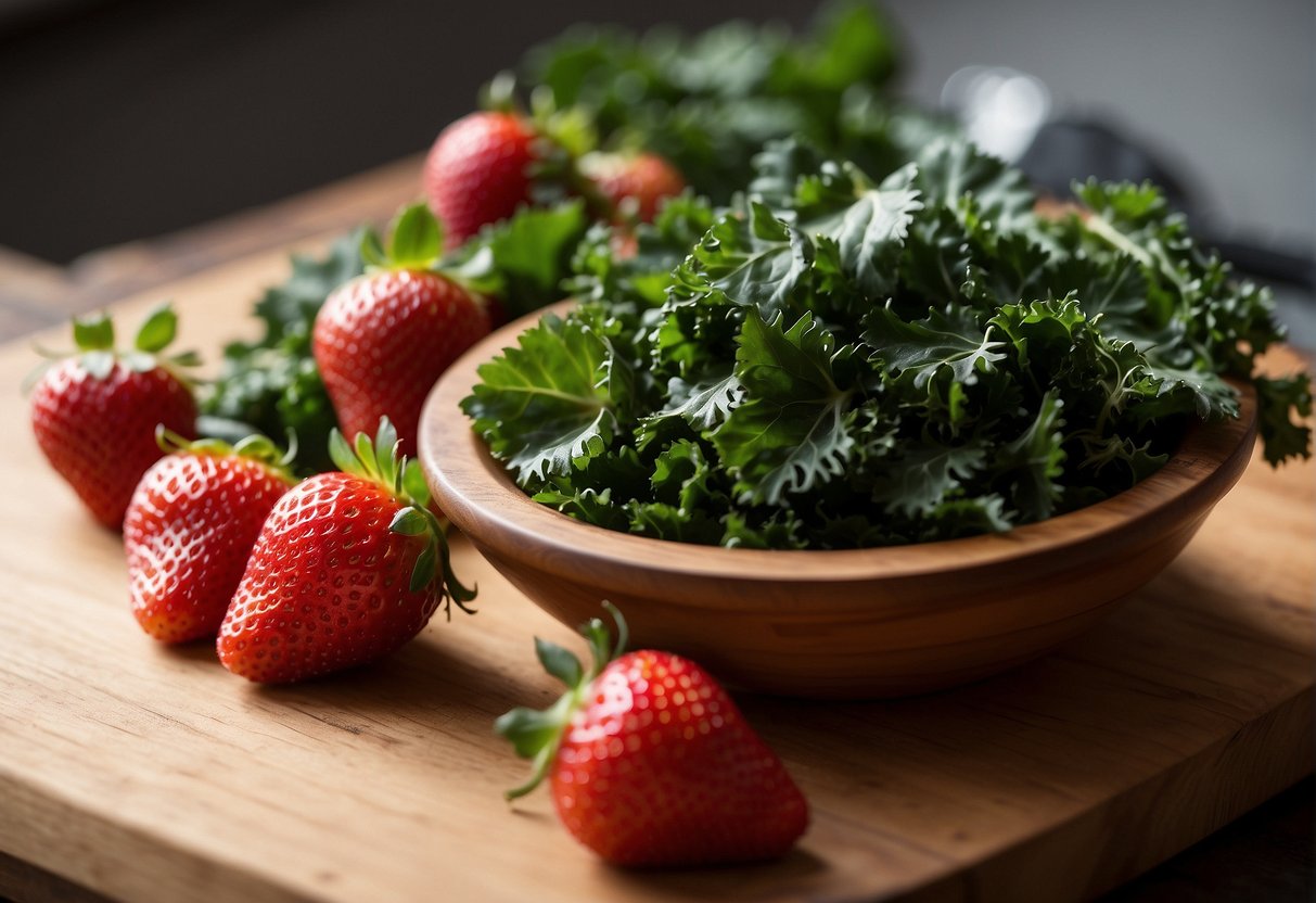 A bowl of fresh strawberries and kale leaves arranged on a wooden cutting board, with a knife beside them