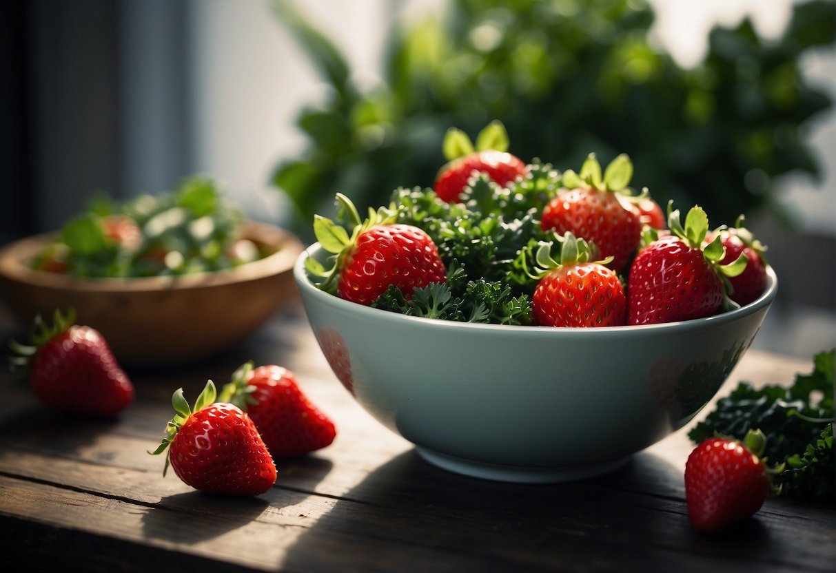 Strawberries and kale are being mixed together in a bowl