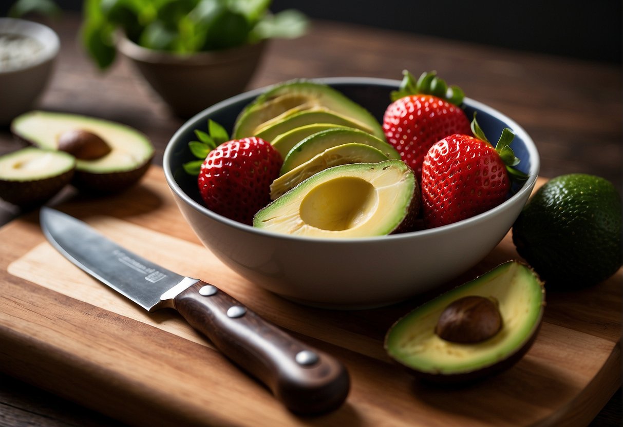 A bowl of fresh strawberries and avocados side by side on a wooden cutting board, with a knife nearby for slicing