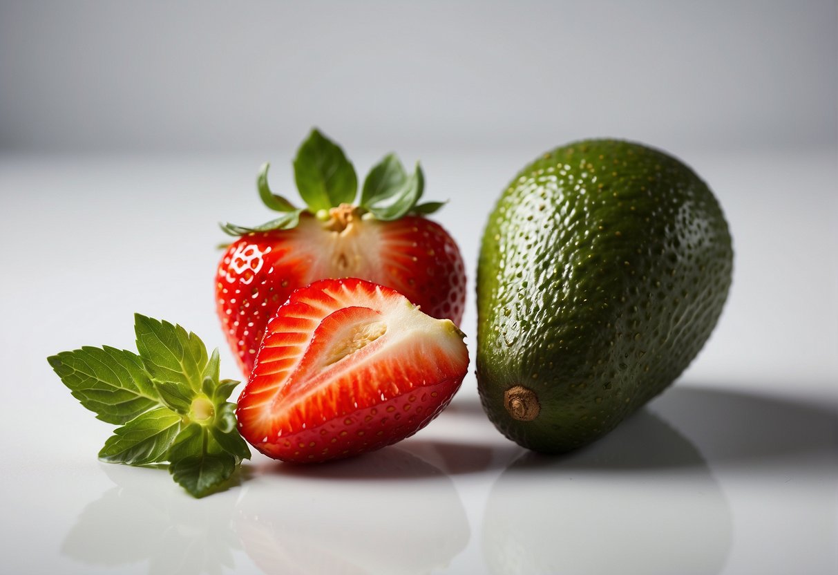 A ripe avocado and fresh strawberries are placed side by side on a clean white surface, ready to be combined in a creative recipe