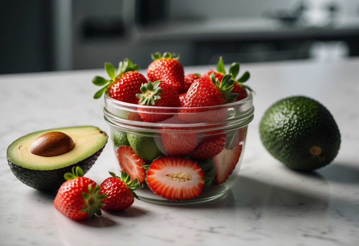Strawberries and avocado sit on a clean, white countertop, ready to be mixed. Airtight containers stand nearby for storing any leftovers