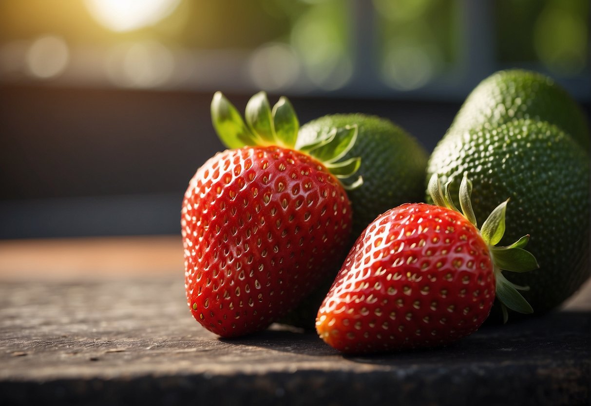 Strawberries and avocados sit side by side, ready to be mixed together