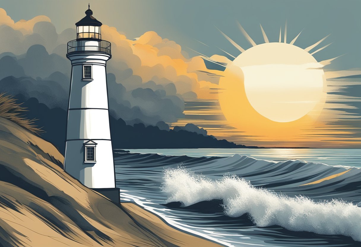 The sun sets over the serene coastline, where waves crash against the shore. A lone lighthouse stands tall, symbolizing the enduring impact and legacy of song on the way to Capemay