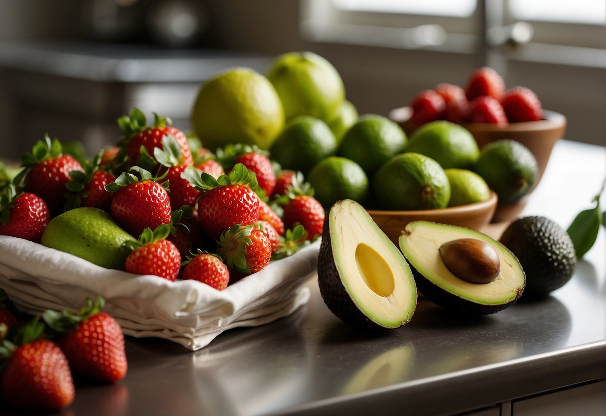 Strawberries and avocados sit on a kitchen counter, ready to be mixed together