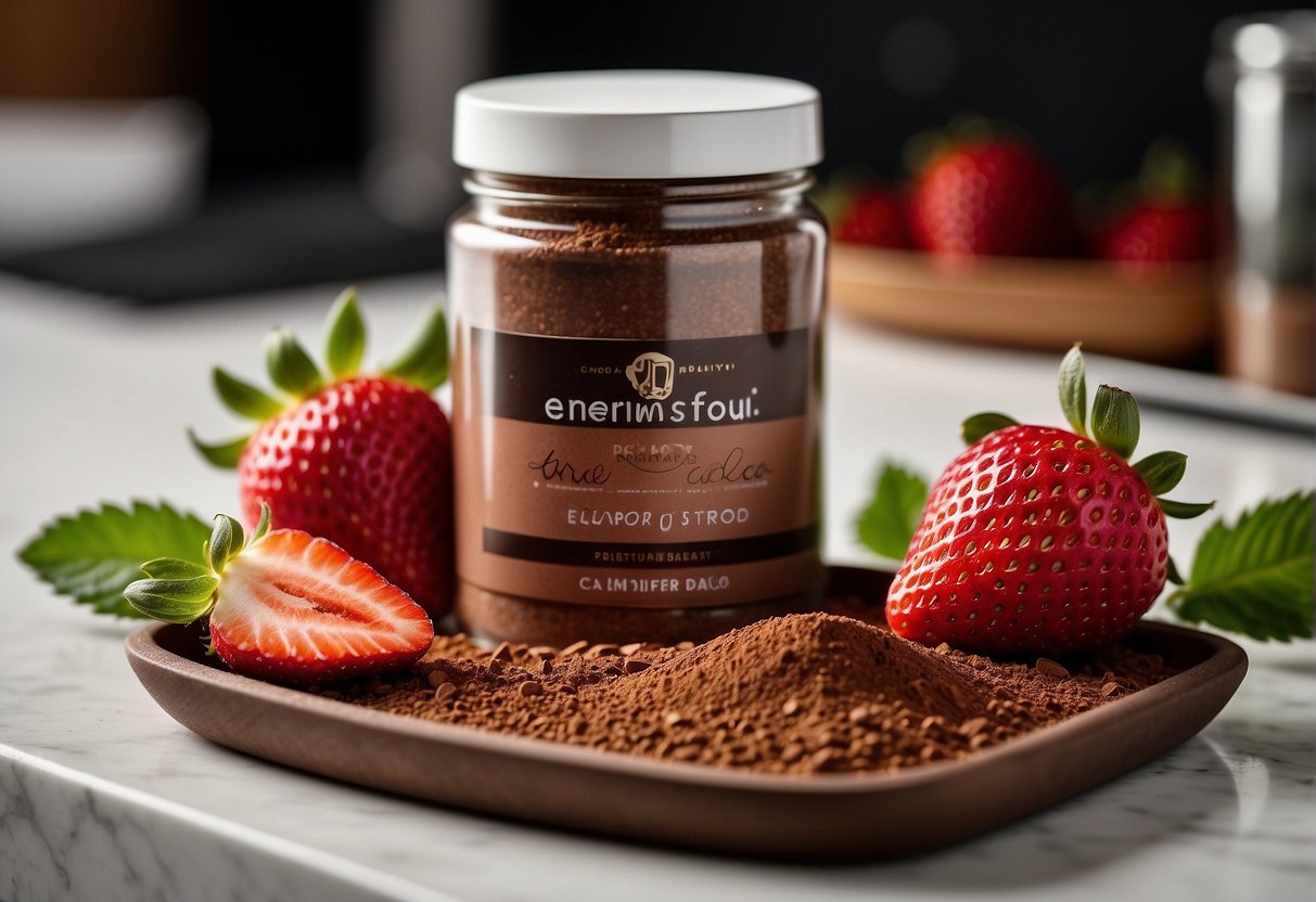 Strawberries and cocoa powder sit side by side on a clean white countertop, ready to be mixed together