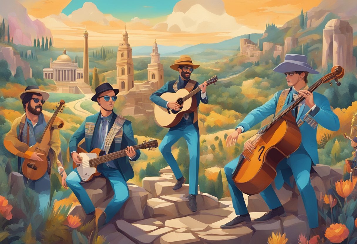 A group of musicians travel through a vibrant landscape, with musical instruments in hand, surrounded by historical landmarks and artistic influences