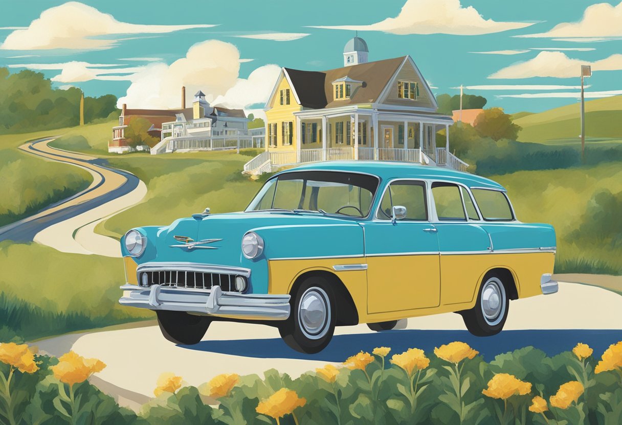 A modern car drives through a scenic route to Cape May, with a mix of old and new songs playing on the radio. The landscape is a blend of historical sites and contemporary landmarks