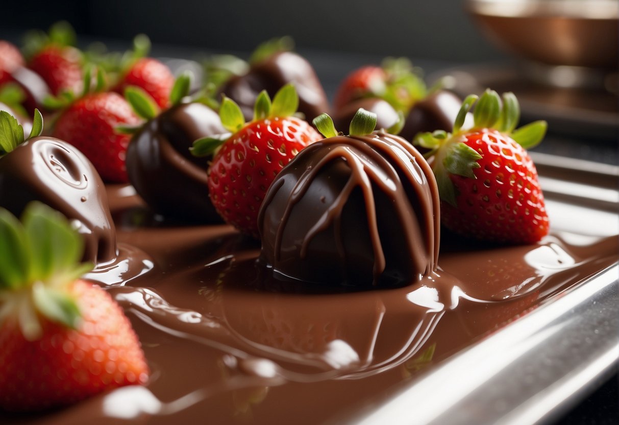 Strawberries dipped in melted chocolate are placed on a parchment-lined tray to cool and harden. The remaining chocolate is stored in an airtight container