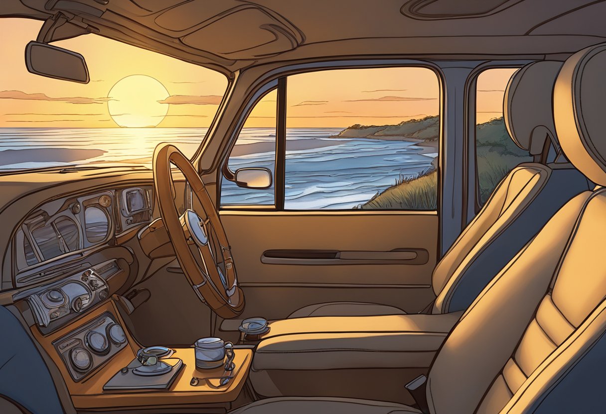 The sun sets over the ocean, casting a warm glow on the winding road to Cape May. A guitar sits in the passenger seat, ready for a night of storytelling through song