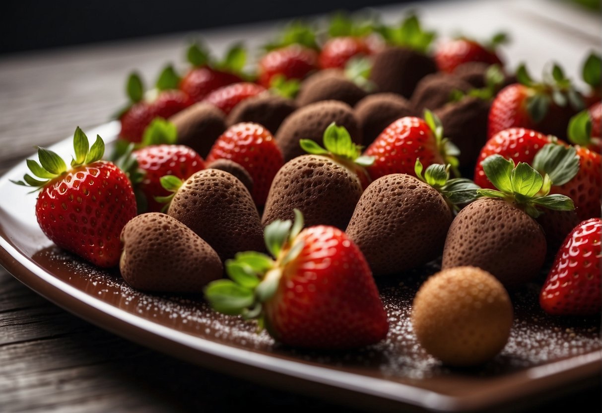 Fresh strawberries coated in rich cocoa powder, some drizzled with caramel, others sprinkled with nuts, all arranged on a platter