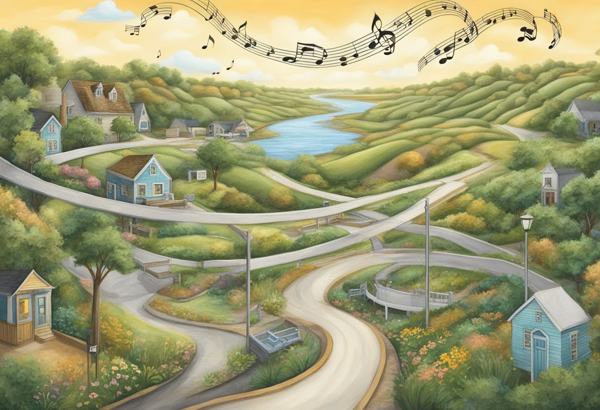 A winding road leads to Cape May, with musical notes floating in the air, depicting the history of song through time