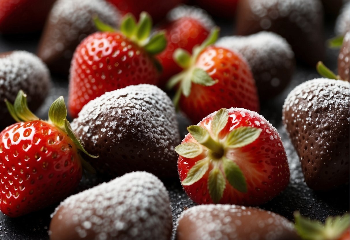 Fresh strawberries coated in rich, velvety cocoa powder, with a sprinkle of powdered sugar on top