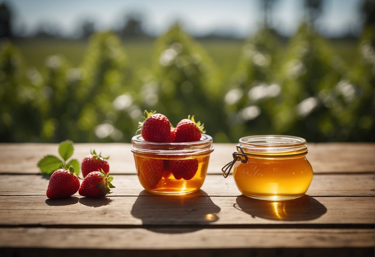 Fresh strawberries and a jar of honey sit side by side on a wooden table. The strawberries are ripe and juicy, while the honey glistens in the sunlight