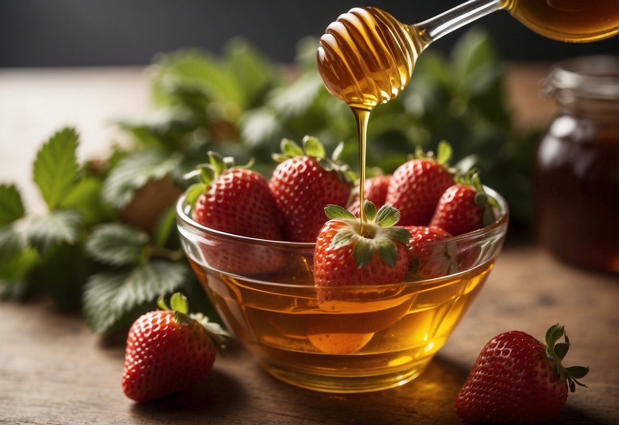 Strawberries and honey are being mixed together in a bowl