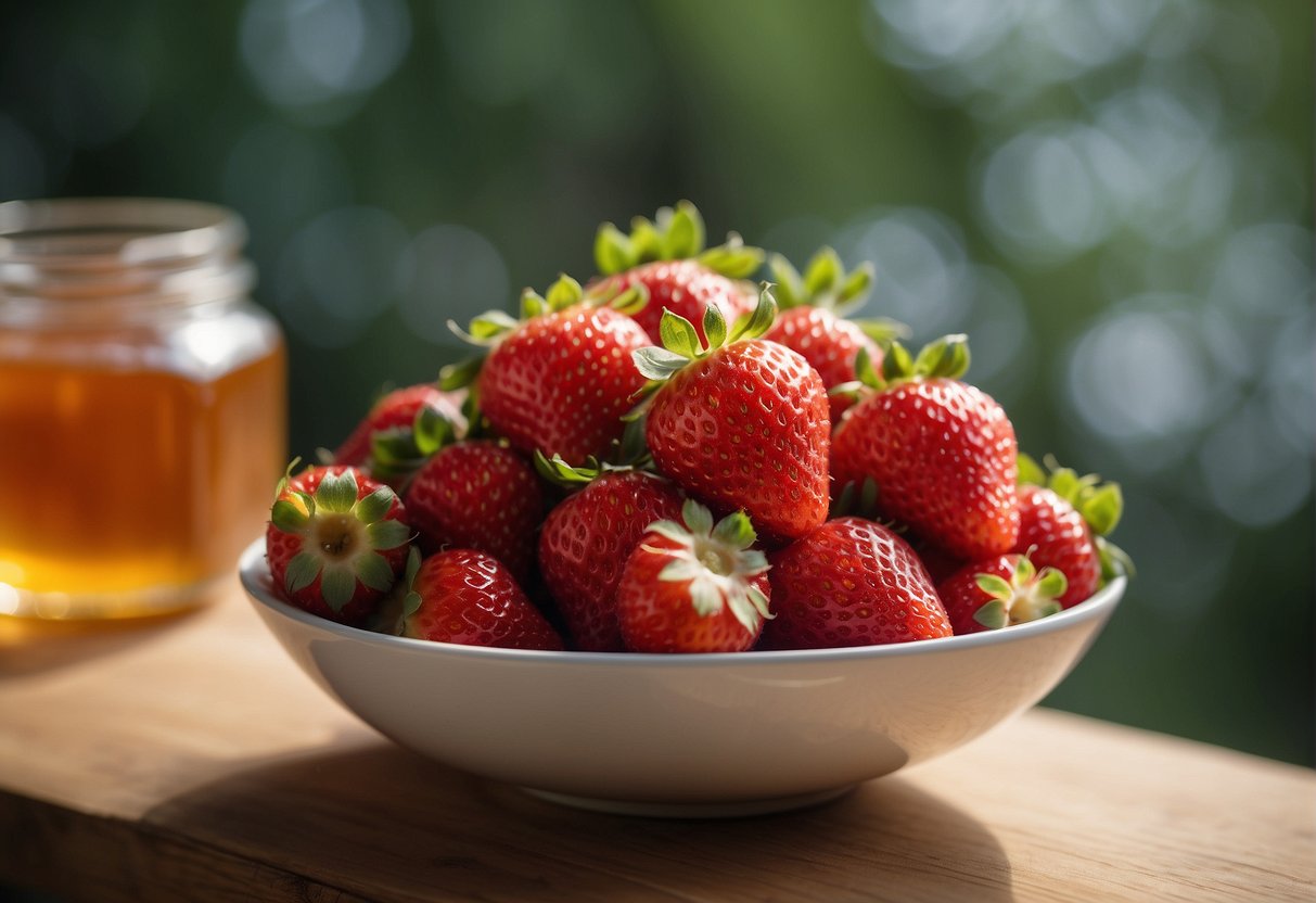 A bowl of ripe strawberries drizzled with honey