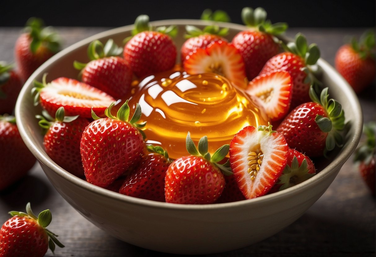 Strawberries and honey are being mixed together in a bowl