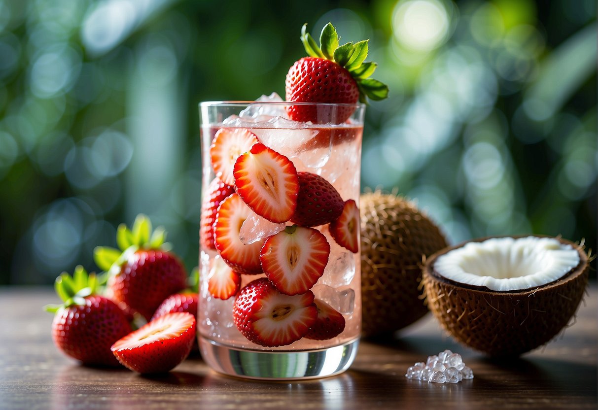 Strawberries and coconut water combine in a glass, surrounded by fresh fruit and coconut pieces