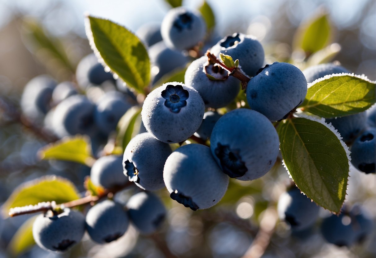 A pile of frozen blueberries glisten in the sunlight, their deep blue color contrasting against the white frost