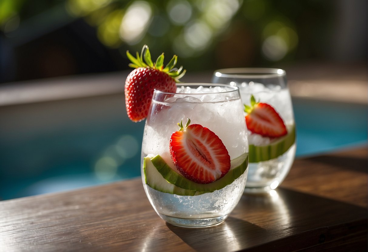 A glass of coconut water with sliced strawberries floating inside