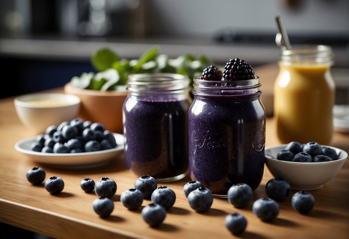 A variety of dishes featuring frozen blueberries, from smoothies to baked goods, displayed on a kitchen counter