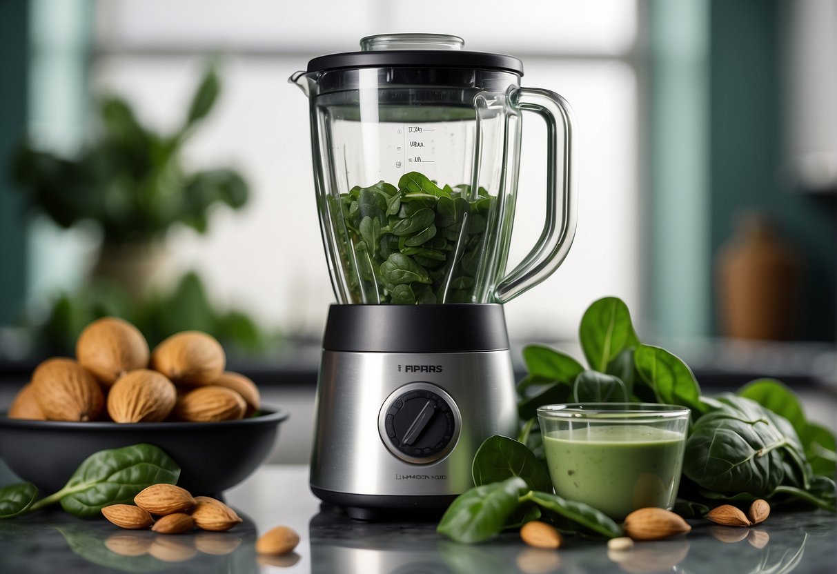 Spinach leaves and almond milk blend in a glass blender