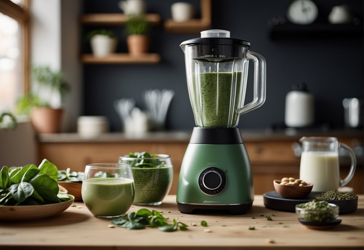 A blender mixes spinach and almond milk