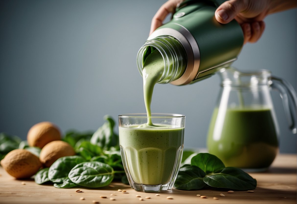 A blender whirring with spinach leaves and almond milk pouring in