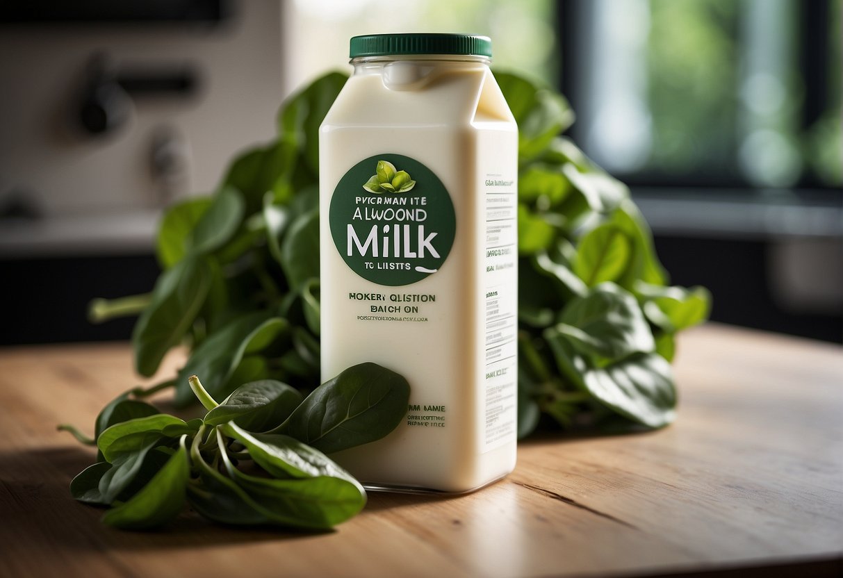 A carton of almond milk next to a bunch of fresh spinach leaves, with a question mark hovering above them
