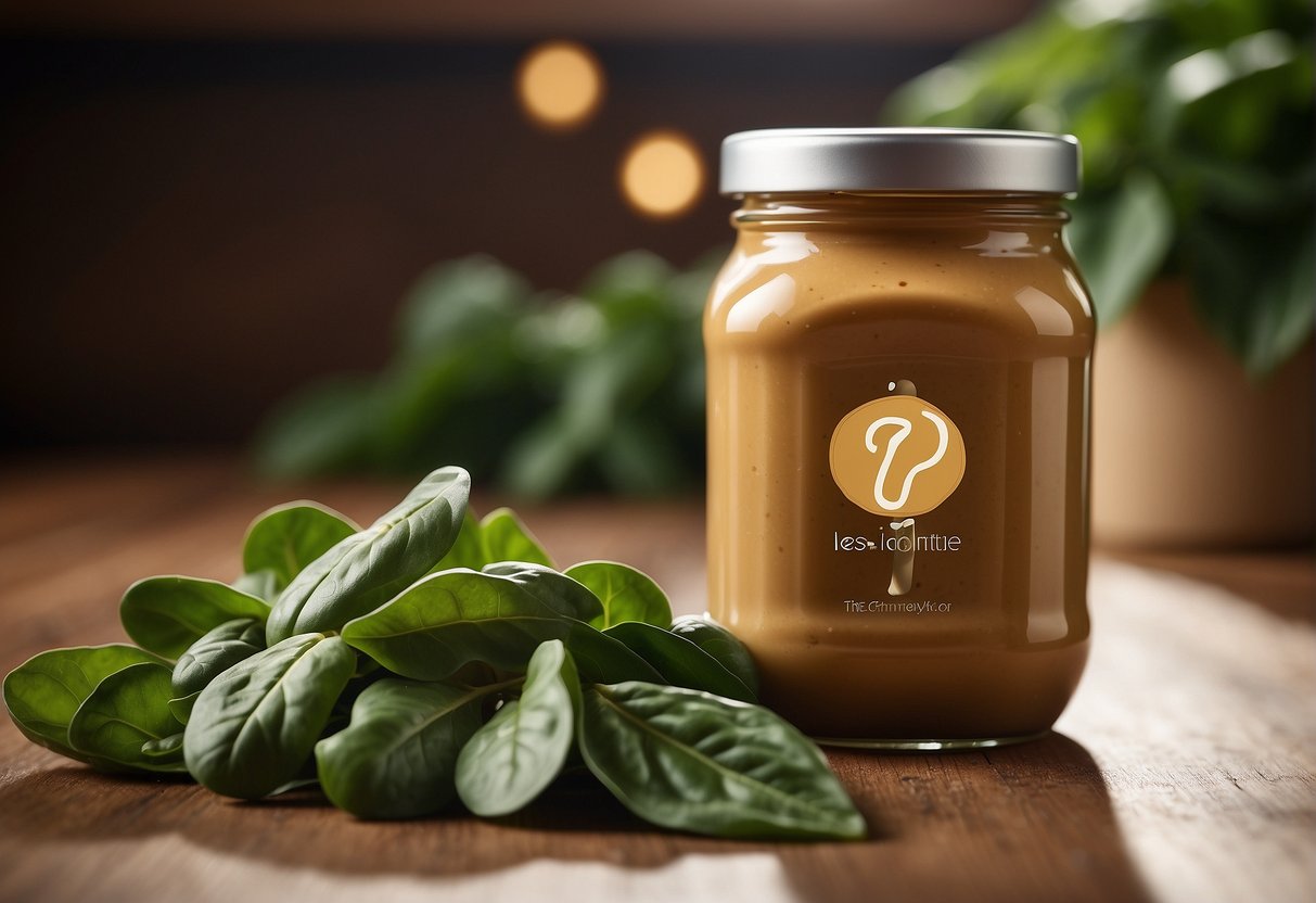 A jar of peanut butter next to a bunch of fresh spinach leaves, with a question mark above them