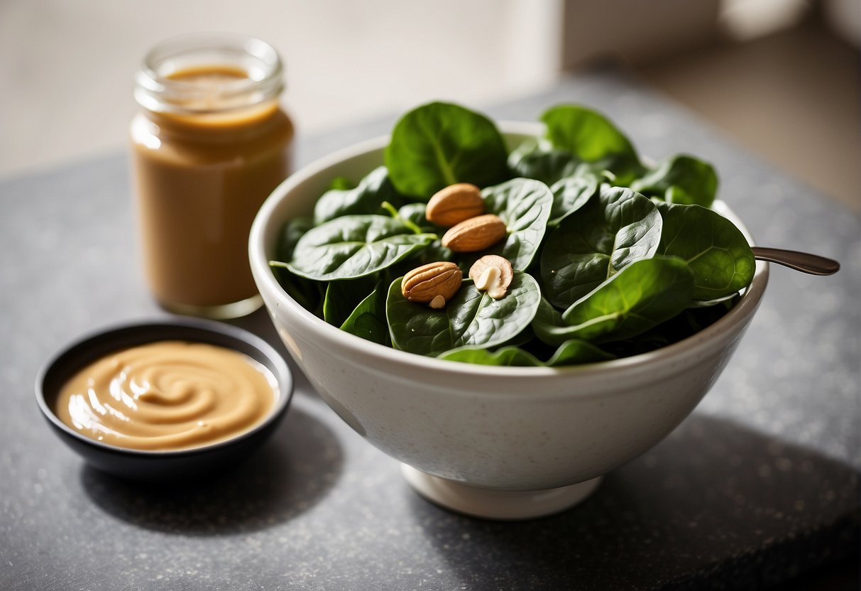 A bowl of spinach and a jar of peanut butter sit on a kitchen counter. A spoon is mixing the two together