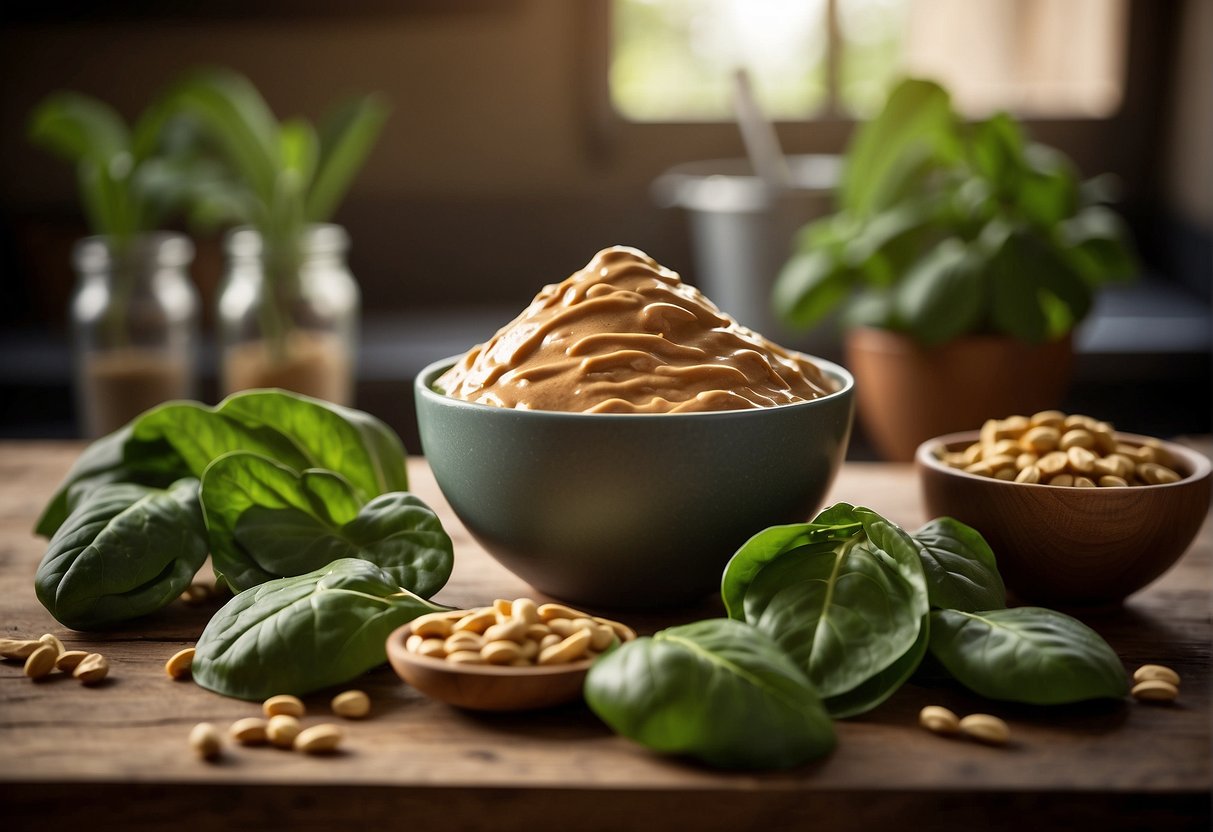Spinach and peanut butter blend in a mixing bowl
