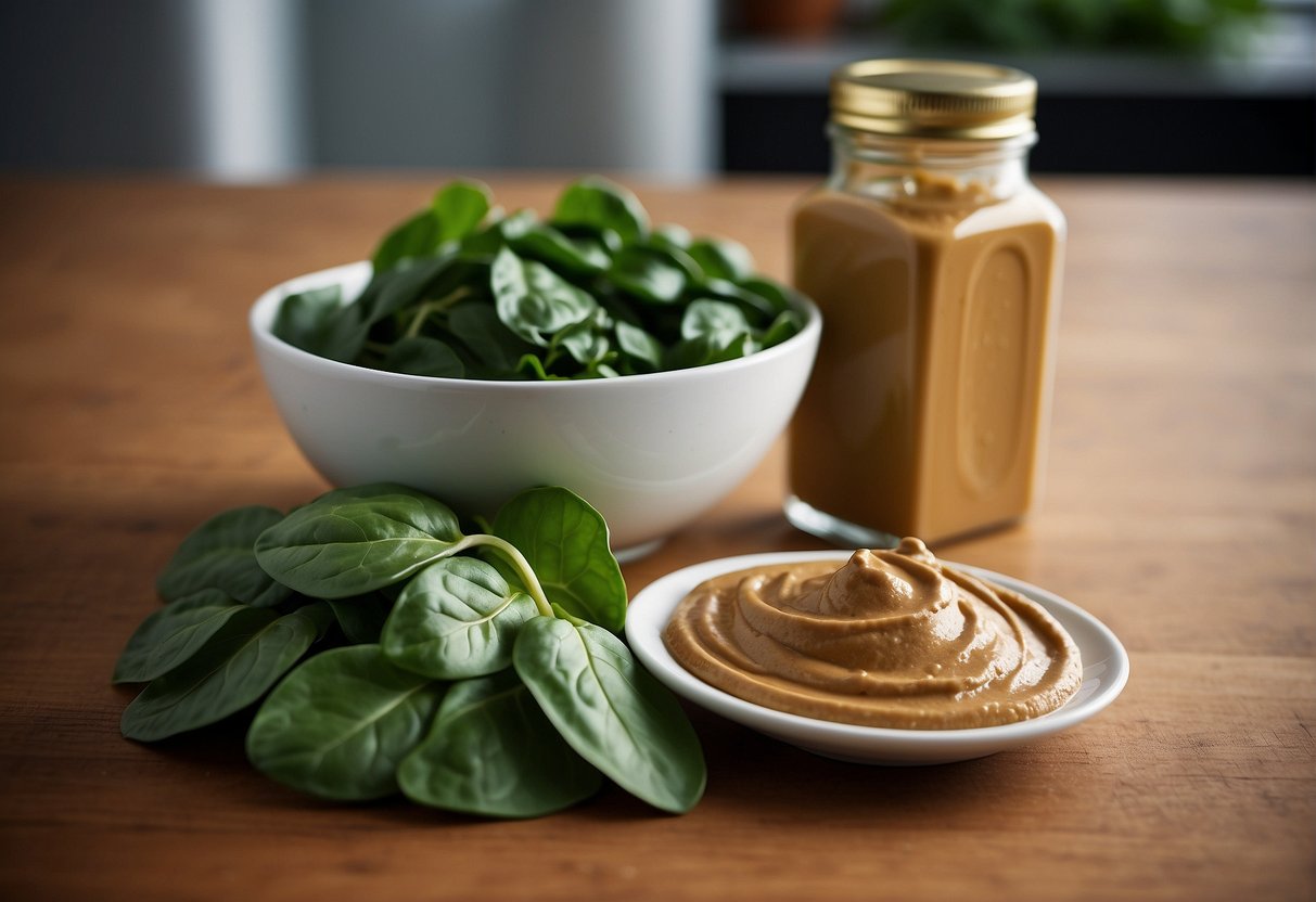 A bowl of vibrant green spinach leaves sits next to a jar of creamy peanut butter. The two ingredients are shown being mixed together, creating a unique and unexpected culinary combination