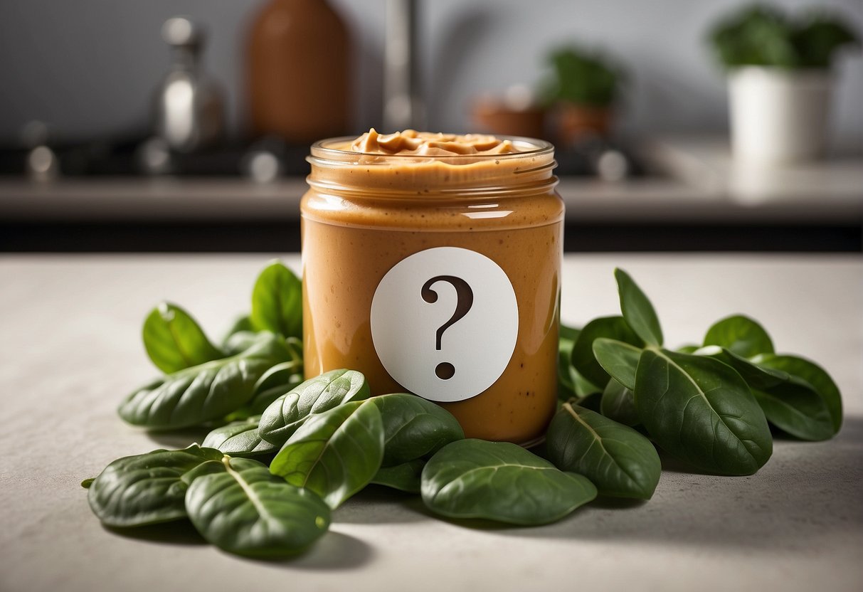 A jar of peanut butter sits next to a pile of fresh spinach leaves, with a question mark hovering above them