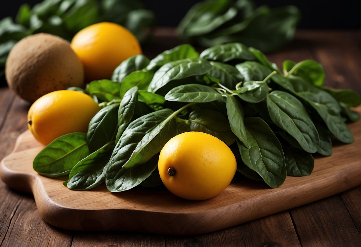 A vibrant bunch of fresh spinach leaves and ripe, juicy mangoes arranged together on a wooden cutting board