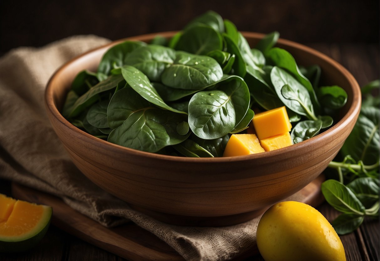 A bowl with fresh spinach leaves and ripe mango slices, ready to be mixed together