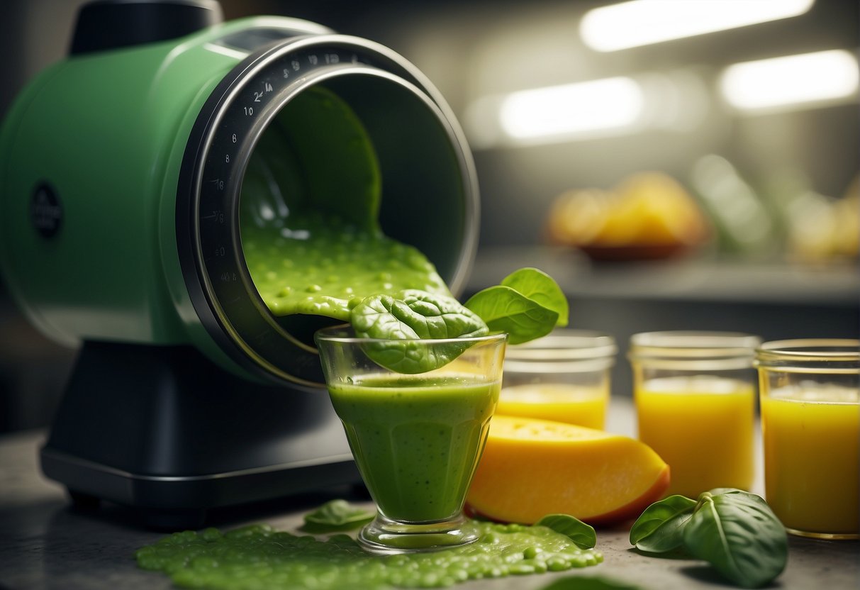 Spinach and mango are being combined in a blender, creating a vibrant green and yellow swirl of puree. A spoon is tasting the mixture, with a look of delight on their face