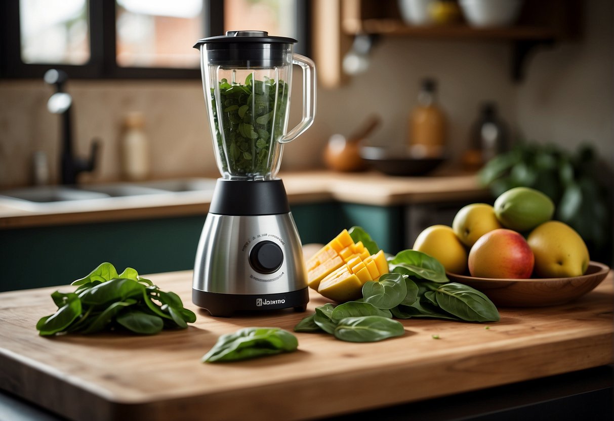 A blender with spinach and mango next to a cutting board and knife