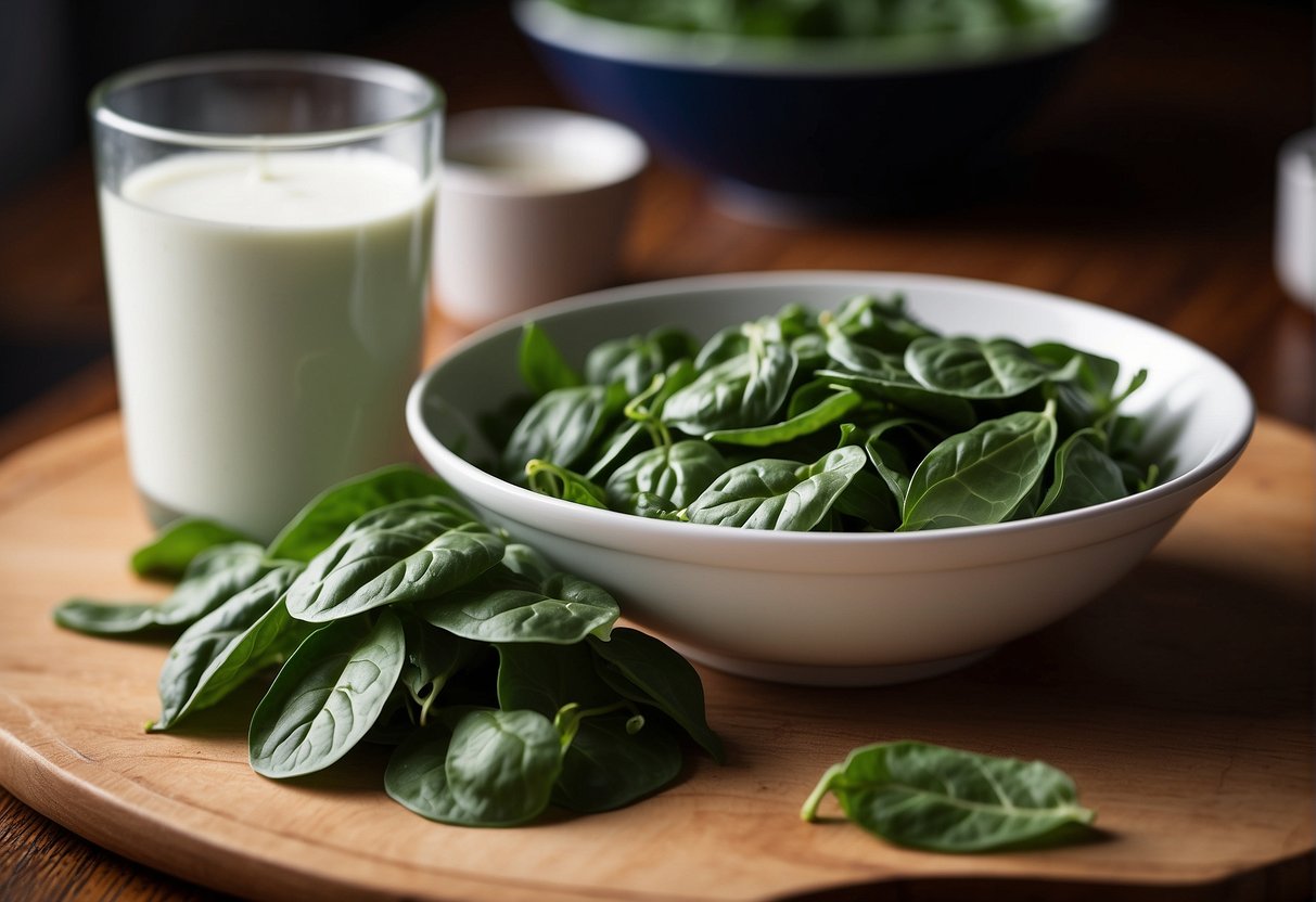 A bowl of vibrant green spinach leaves sits next to a container of creamy white yogurt, ready to be combined