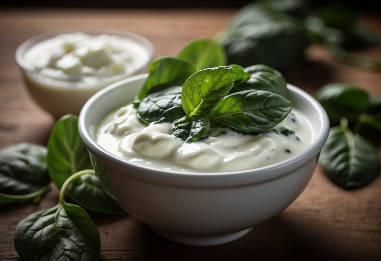A bowl of creamy yogurt with vibrant green spinach leaves mixed in